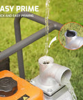 Easy priming feature of Gas Powered 2 Inch Semi Trash Pump With 212cc 4 Cycle Engine, 141 GPM Flow, 100 Ft Lift, 23 Ft Suction.