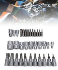 Grip Tight 34 Piece Socket Wrench Tool Set Featuring Knockout 3 In 1 Drive System laid out for auto repair with chrome vanadium bits.