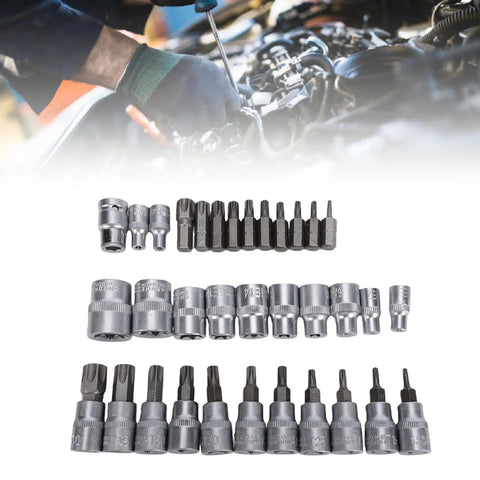 Grip Tight 34 Piece Socket Wrench Tool Set Featuring Knockout 3 In 1 Drive System laid out for auto repair with chrome vanadium bits.