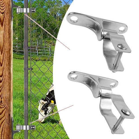 Hardcore 304 Stainless Steel Gate Hinges 2 Pack Heavy Duty Pipe Brackets Fit 35mm Farm Fences Barn Doors Garden Gates With Full Hardware Kit For Zero Sweat Backyards And Fast Weekend Install close-up on stainless steel gate hinge attached to wooden post.
