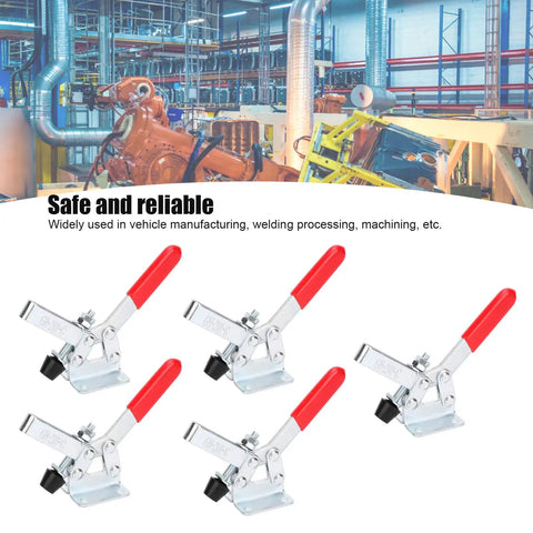 Heavy Duty Quick Clamp Set For Auto Manufacturing, Welding, And Assembly, 5 galvanized fixtures with red handles in factory
