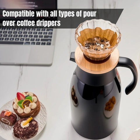 Pour over coffee maker on black carafe with cakes; Keep Coffee Hot All Day With This Double Walled Vacuum Insulated Carafe 56 Ounce Thermal Urn