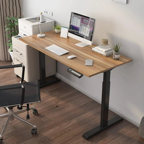 Rockin Adjustable Standing Computer Desk For Modern Home Office Or Study With Smart Height Control T-Shaped Frame Ergonomic Desktop Laptop Table 1 Point 4 Meters view from above with keyboard and monitor.