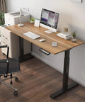 Sleek Electric Height Adjustable Standing Desk With Hella Sturdy Mdf Top Ideal For Home Office And Gaming Featuring Quiet Motor Controls and natural wood finish for a modern workspace.