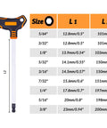 Beefy Pro Grade 9-Piece T-Handle SAE Allen Wrench Set With Long Arm Ball End Hex Keys In S2 Steel Sizes 5/64 To 3/8 Inch measurements