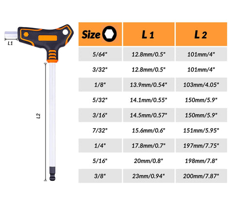 Beefy Pro Grade 9-Piece T-Handle SAE Allen Wrench Set With Long Arm Ball End Hex Keys In S2 Steel Sizes 5/64 To 3/8 Inch measurements