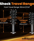 Shock travel range showing front leveling struts dimensions for Top Shelf Front Leveling Struts For Chevrolet Silverado And Gmc Sierra 1500 Trucks 2014 2018