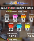 Pack of 5 Heavy Duty Inline Fuse Holders with 16AWG Copper Wire and Waterproof Caps for Auto Marine RV and Solar Projects Includes 35 Assorted Blade Fuses for Wicked Reliable Power Solution. Features various amperage blade fuses.