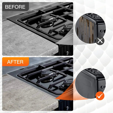 Before and after using Adjustable Stainless Steel Stove Gap Covers Kit With Gap Filler And Range Trim, 0.79 Inch Wide, Silver