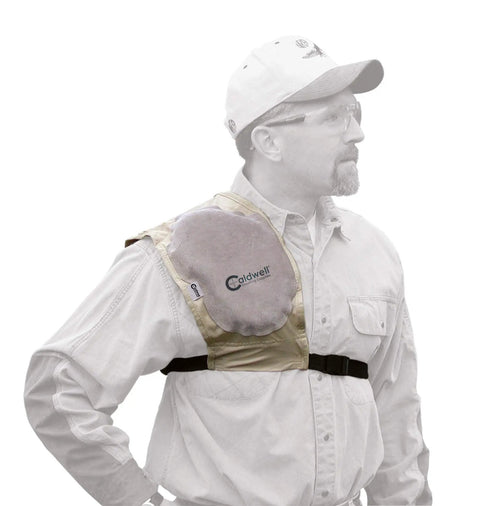 Man wearing tan Recoil Shield With Adjustable Fit And Cushioned Padding For Shotgun And Rifle Reduces Recoil Bruising Keeps You Steady