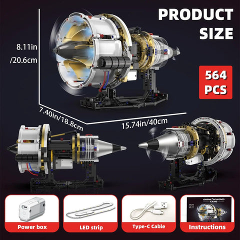 Jet Engine Kit With Motor And LED Light Turbofan Engine Building Set 564 Pieces Visible Mechanical Aircraft Engine shown in various angles