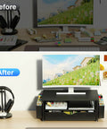 Monitor Stand Riser With Drawer And Pen Holders, Desk Organizer For Office Use, showing before and after workspace organization.