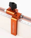 Two And A Quarter Inch T Track Flip Stop With Pro Grade Adjustable Fence Repeater And Indexing Cursor secured on T-track for precise cuts.