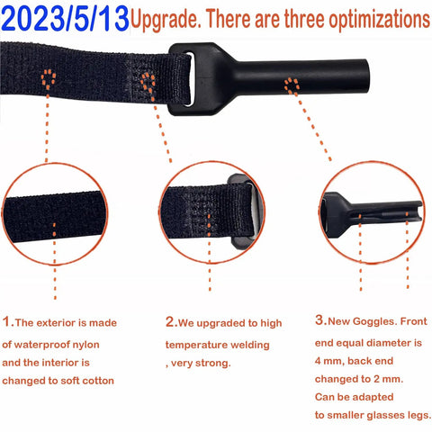 4 Pack Adjustable No Slip Eyeglasses Strap Retainer highlighting waterproof nylon, high-temperature welding, and new goggles.