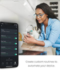 Woman using smartphone with app to control Smart WiFi LED Bulb 7W 60W Equivalent Spiral Filament Multicolor RGB And Tunable White 2000K To 5000K Clear ST19 Shape E26 Base No Hub Required Voice Activated With Google Assistant Alexa Siri