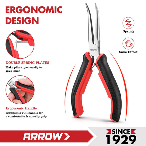Two Piece Six Inch Needle Nose Pliers Set With Mini Long Nose And Bent Nose Pliers, Spring Loaded Design, Carbon Steel Construction, Precise Jaw Alignment, Great For Electronics, Jewelry Making, DIY Projects And Crafting, ergonomic handle and spring plate