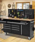 61 Inch Rolling Tool Chest With 10 Drawers And Built In Power Strip Heavy Duty Mobile Workbench For Garage And Shop Solid Rubber Wood Top 1675 Lbs Load Capacity Durable Rolling Tool Cabinet On Wheels in workshop