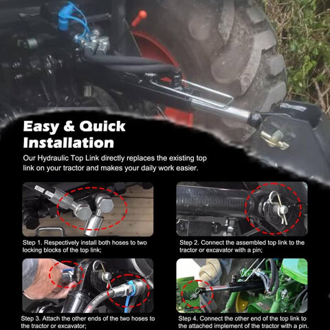 Installation steps of Hydraulic Top Link Cat 1 1 with Locking Block and Two Hoses on tractor, showing detailed connection points.