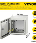 Heavy Duty One Point Five Millimeter Steel NEMA 4X IP66 Electrical Enclosure Box Eight By Eight By Six Inches With Mounting Plate, open front view