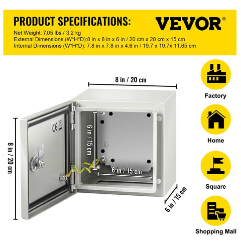 Heavy Duty One Point Five Millimeter Steel NEMA 4X IP66 Electrical Enclosure Box Eight By Eight By Six Inches With Mounting Plate, open front view