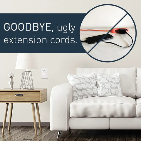 Living room with In Wall Power Outlet Extender Kit With 6 Foot Cable White Finish Perfect For Kitchen Remodels And Outlet Relocation Includes USB Ports For Charging Easy In Wall Wiring And Cable Management integrated, replacing visible cords.