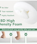 Close-up of 28D high density foam with text highlighting its no odor, tear-resistant, and highly resilient qualities.