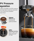 Close-up of the Hassle Free Semi Automatic Espresso Maker With Hands Free Milk Frother, showcasing the 58mm portafilter and OPV pressure control.