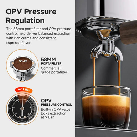 Close-up of the Hassle Free Semi Automatic Espresso Maker With Hands Free Milk Frother, showcasing the 58mm portafilter and OPV pressure control.