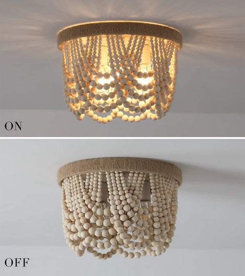 Boho Chic Wood Beaded Flush Mount Light Fixture, Rustic Farmhouse Three Light Chandelier for Bedroom, Hallway, Entry, Kitchen, Living Room, Nursery, E26 Sockets, Natural Hemp Rope Trim