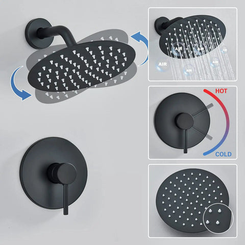 Oil Rubbed Bronze Shower System With 16 Inch Rainfall Shower Head Single Handle Faucet Kit shown with flow and temperature controls