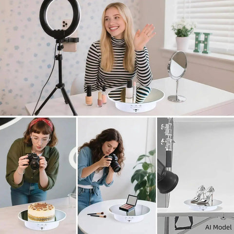 Hassle Free Rotating Display Turntable Stand For Jewelry And Watches 7.87 Inch White Platform with USB powered spin for product photography.