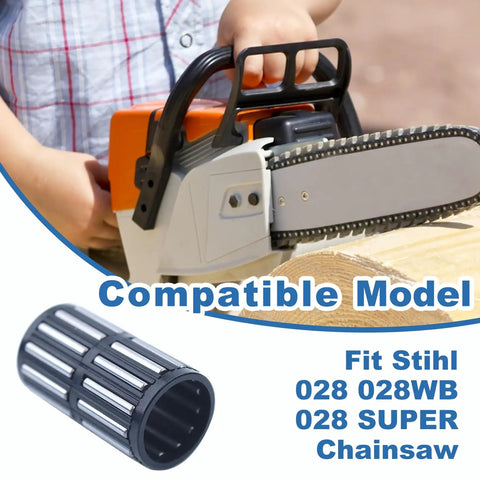 3-Piece Needle Bearing Kit for Stihl 028 028WB 028 Super Chainsaw Replacement Parts Fits OEM 9512 933 2370 shown with chainsaw.