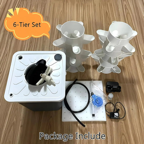 Aeroponic Tower Garden System For Indoor And Outdoor Growing Soilless Kit components displayed on wooden floor