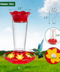 Outdoor Hummingbird Feeder 2 Pack Ant And Bee Proof Clear 10 Ounce With 6 Flower Shaped Ports shown with dimensions on a grassy background