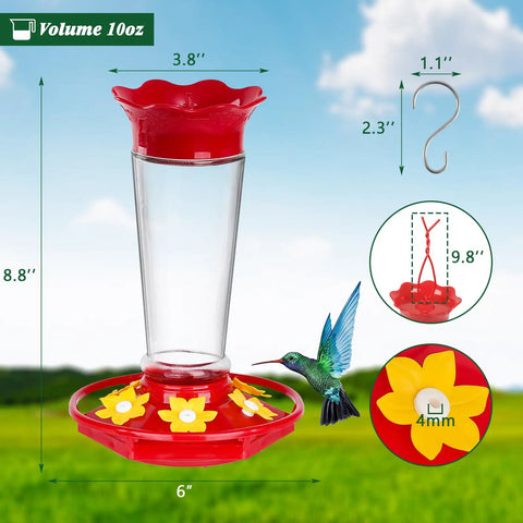 Outdoor Hummingbird Feeder 2 Pack Ant And Bee Proof Clear 10 Ounce With 6 Flower Shaped Ports shown with dimensions on a grassy background