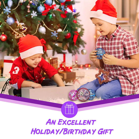Kids playing with Hand Operated Flying Orb Drone With Magic Controller 360 Degree Spin And RGB Lights near Christmas tree