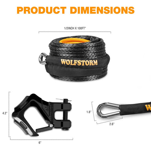 One Half Inch 100 Foot Synthetic Winch Rope Kit With Protective Sleeve, Heavy Duty Forged Hook, Safety Ribbon, 33,000 Lbs Break Strength