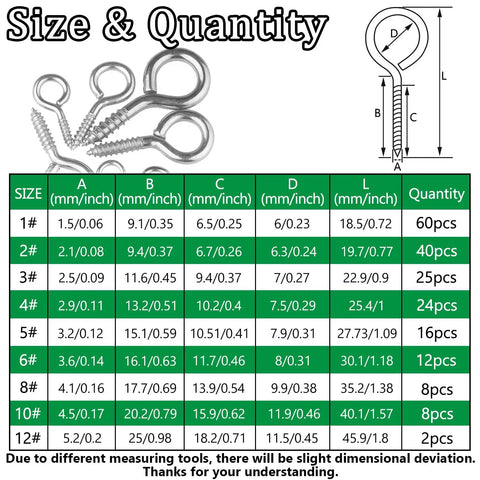 Dang Solid 195 Piece Nickel Plated Eye Screw Assortment Kit Featuring Self Tapping Hooks dimensions and quantity chart.
