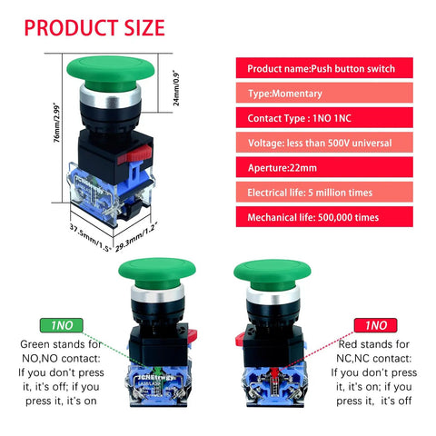 Diagram of Green 22mm Mushroom Head Momentary Push Button Switch With 1NO 1NC Silver Contacts 10A Self Reset Start Stop Button For Industrial Automation