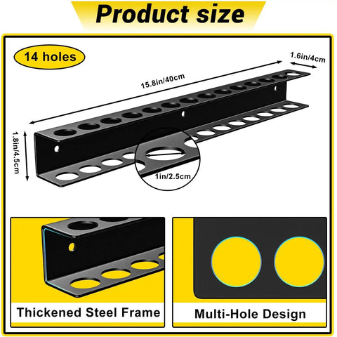 Heavy Duty Screwdriver And Pliers Organizer Wall Mount Rack For Garage Workshop Pros Metal Tool Holder Storage Rack Space Saving Vertical Organizer For Tool Chest And Cart Rust Resistant Steel with 14 holes and dimensions shown