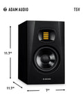T5V Studio Monitor For Recording, Mixing And Mastering, High Resolution Audio With Crisp Highs And Tight Bass, front view with dimensions