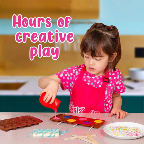 Child using chocolate molds and tools from Totally Fun Chocolate Making Kit For Kids With Candy Bar Molds Lolly Sticks And Wrappers A Fun Creative Activity For Girls Ages 8 And Up A Sweet Birthday Gift At Home.