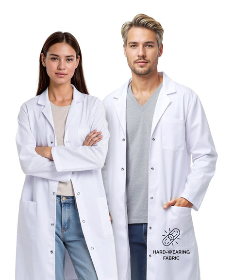 Two people wearing Unisex Lab Coat For Workwear With Roomy Fit That Fits Over Clothes, Durable Classic Style, Size Large.
