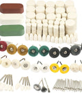 Pro Grade Rotary Tool Polishing Kit With Buffing Wheels And Felt Wool Pads Polish Compound Grinding Heads Point Tips And Mandrels One Eighth Inch Shanks Ideal For Jewelry And Metal Polishing Gear laid out in a set