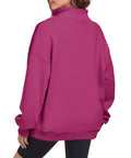 Back view of Super Cozy Rose Red Oversized Sweatshirt For Women Half Zip Pullover Top Casual Long Sleeve Fleece Sweatshirt Soft Cotton Polyester Blend