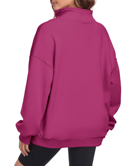 Back view of Super Cozy Rose Red Oversized Sweatshirt For Women Half Zip Pullover Top Casual Long Sleeve Fleece Sweatshirt Soft Cotton Polyester Blend