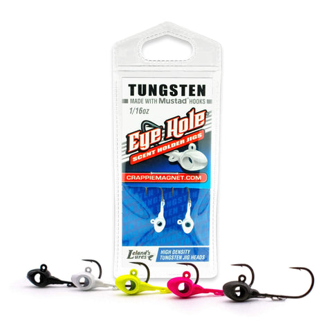 Dope Tungsten Eye Hole Jig Two Pack For Trout Crappie Panfish And Perch One Sixteenth Ounce White displayed with package