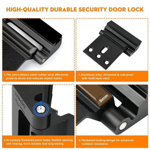 Close-up of heavy duty door reinforcement lock components, showing aluminum body, rubber strip, and pivot holes, black color.