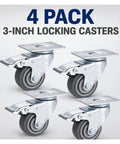 Set Of Four 3 Inch TPR Swivel Plate Casters With Dead Quiet Foot Brakes And Zero Drag Non Marking Rubber Tread For Smooth Home And Garage Mobility.