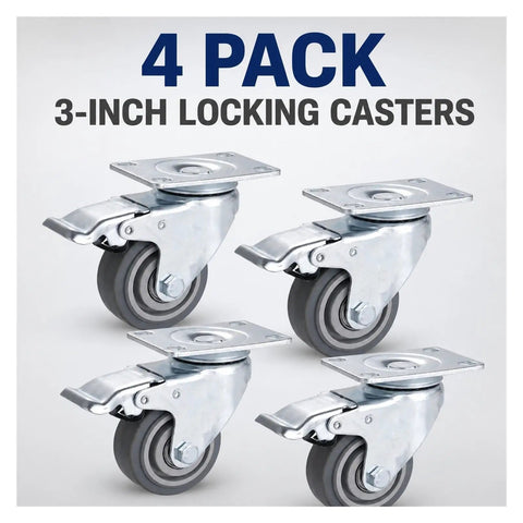 Set Of Four 3 Inch TPR Swivel Plate Casters With Dead Quiet Foot Brakes And Zero Drag Non Marking Rubber Tread For Smooth Home And Garage Mobility.